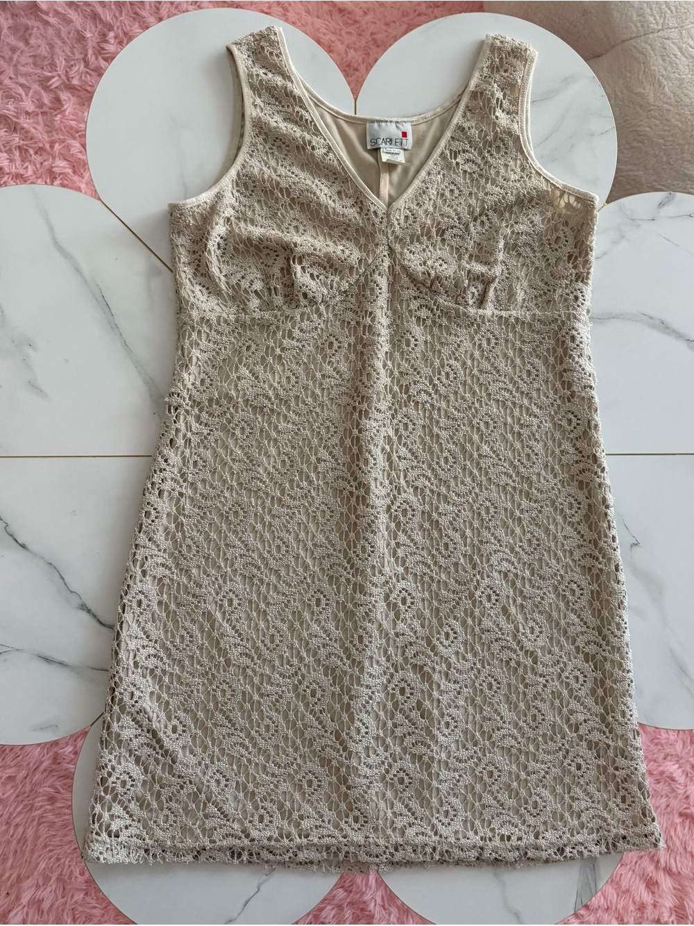 Scarlett Minimalist quiet luxury Crochet Lace Sleeveless Shift Dress in Beige - Picture 7 of 7